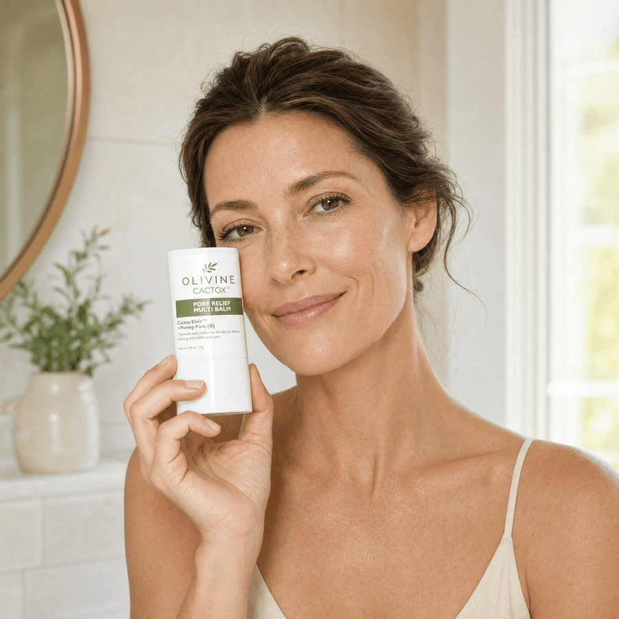 Olivine Cactox Pore Relief Multi Balm held by a woman with glowing skin