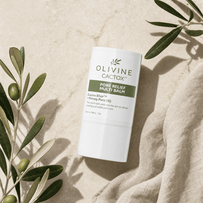 Olivine Cactox Pore Relief Multi Balm flat lay on a cream background