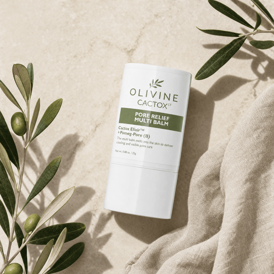 Olivine Cactox Pore Relief Multi Balm flat lay on a cream background