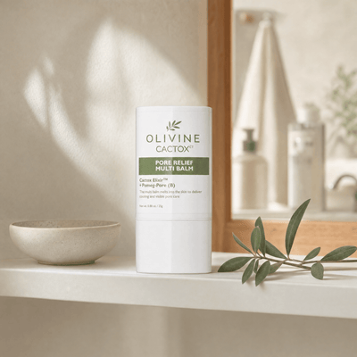 Olivine Cactox Pore Relief Multi Balm in a bright bathroom vanity setting