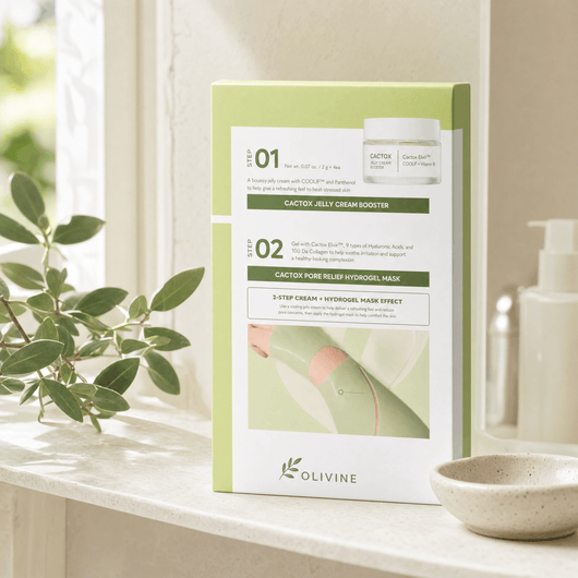 Olivine Cactox De Puffing Pore Tox Gel Mask in a bright bathroom vanity setting