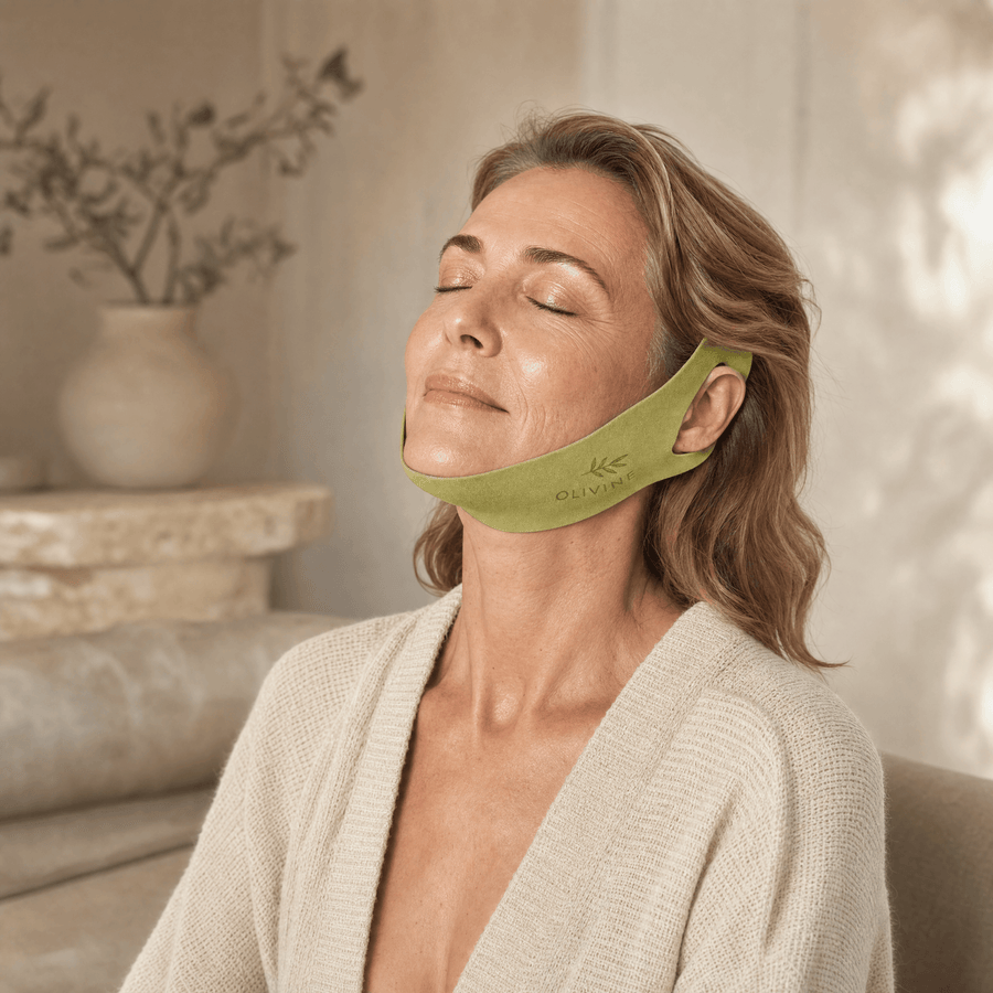 Olivine Cactox V Lifting Mewing Band held by a woman with glowing skin