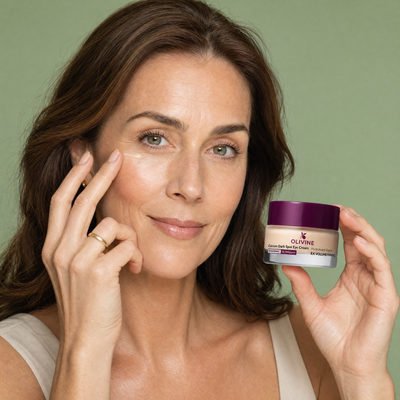 Olivine Calcium Dark Spot Eye Cream applied by a woman with glowing skin