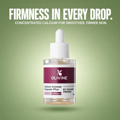 Olivine Calcium Intense Ampoule Plus on a green gradient background