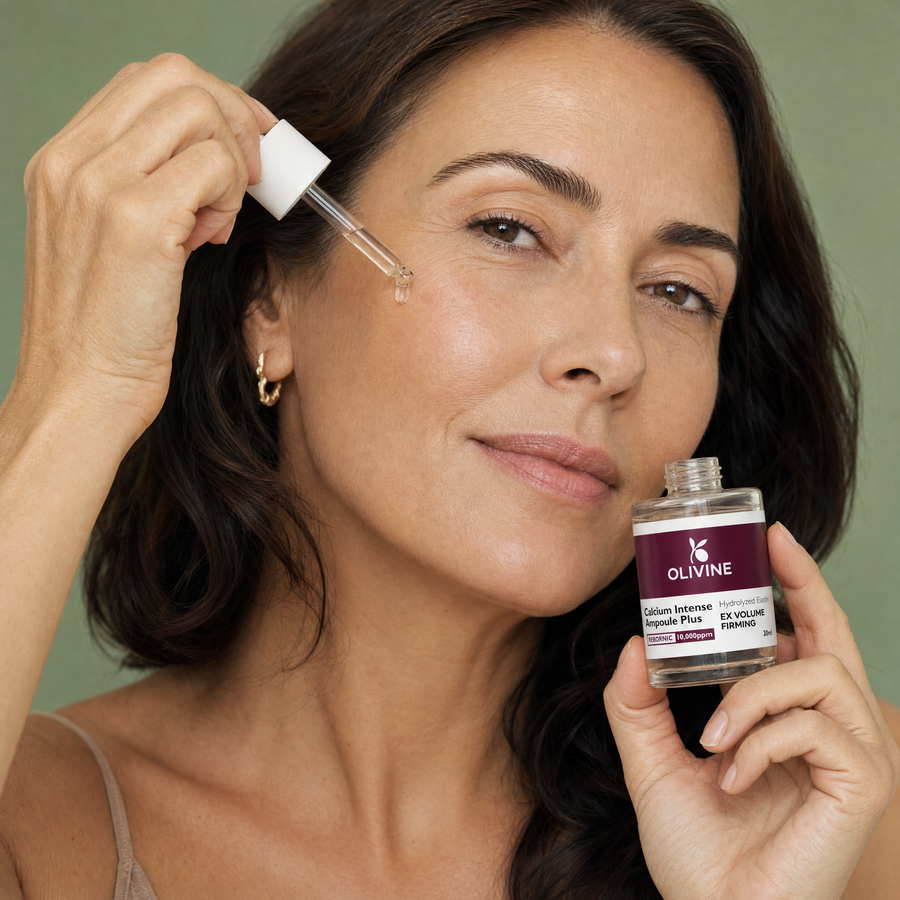 Olivine Calcium Intense Ampoule Plus applied by a woman with glowing skin