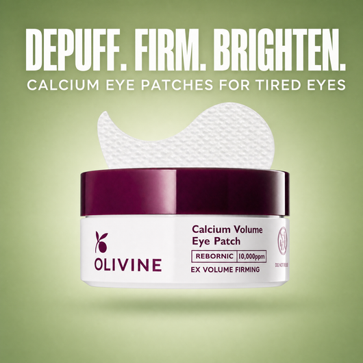 Olivine Calcium Volume Eye Patch on a green gradient background