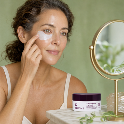 Olivine Calcium Volume Eye Patch worn by a woman with glowing skin