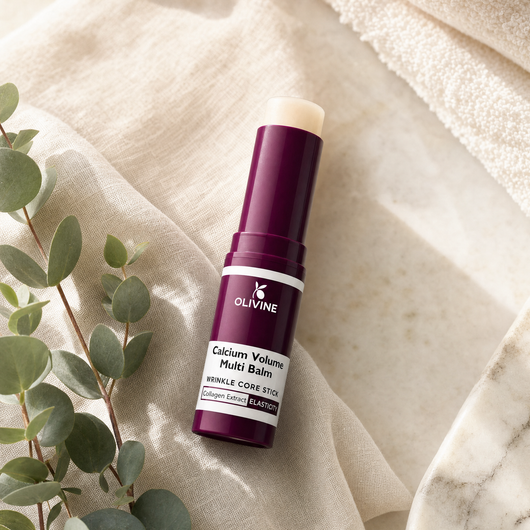 Olivine Calcium Volume Multi Balm on a bright bathroom vanity