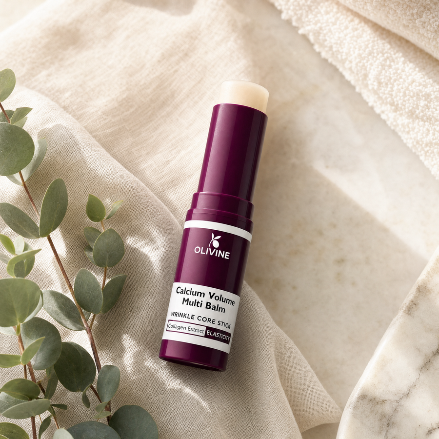 Olivine Calcium Volume Multi Balm on a bright bathroom vanity