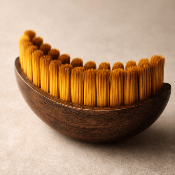 Close up angled view of Olivine contour face brush soft bristles for gentle lymphatic facial massage