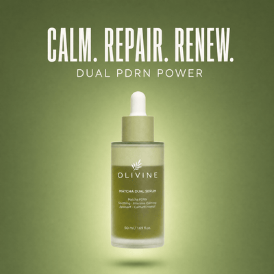 Olivine Matcha Dual PDRN Serum on a green gradient background