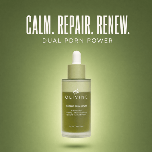 Olivine Matcha Dual PDRN Serum on a green gradient background