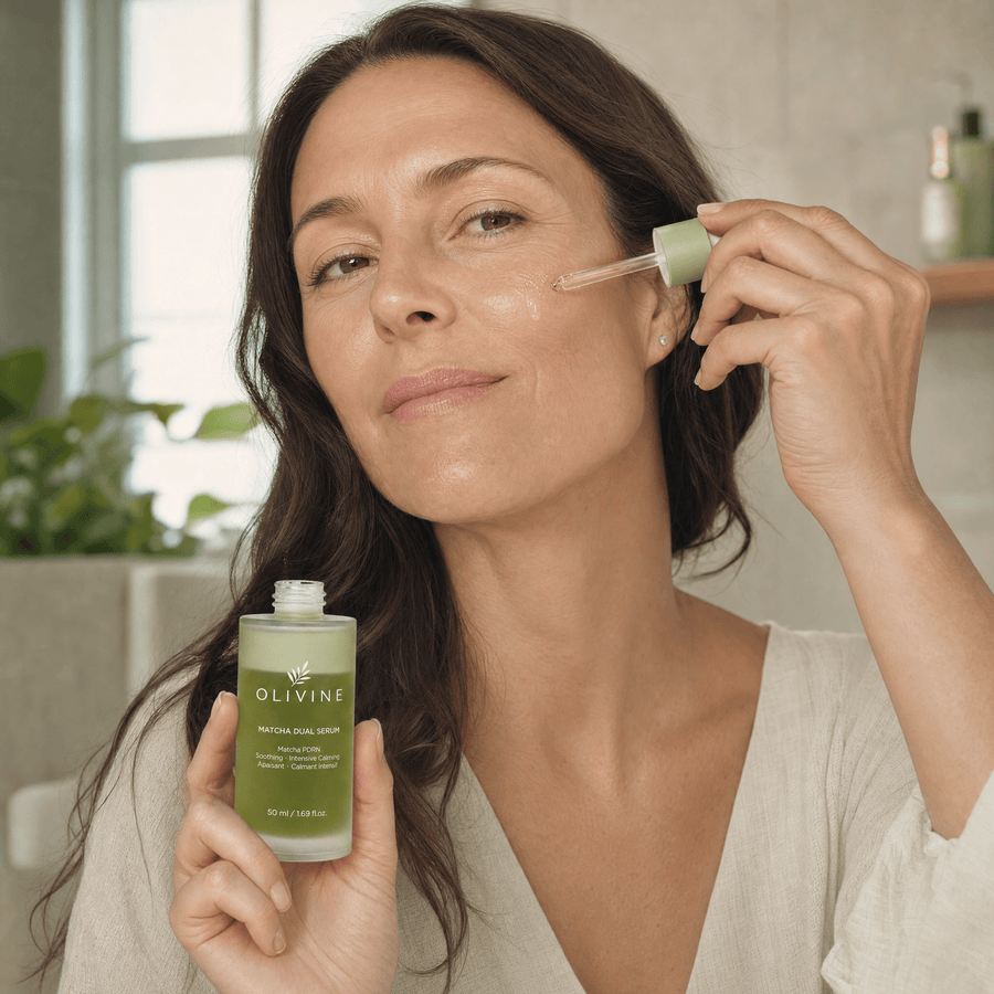 Olivine Matcha Dual PDRN Serum held by a woman with glowing skin