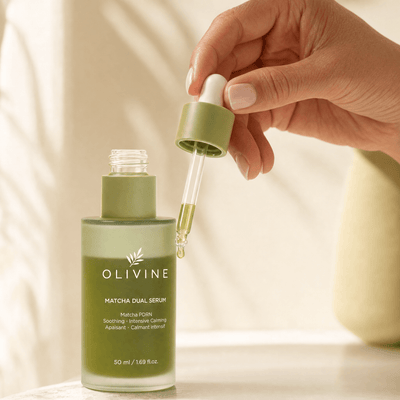 Olivine Matcha Dual PDRN Serum held in hand, close up