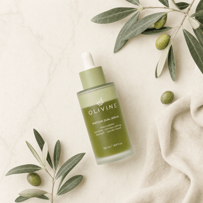 Olivine Matcha Dual PDRN Serum flat lay on a cream background