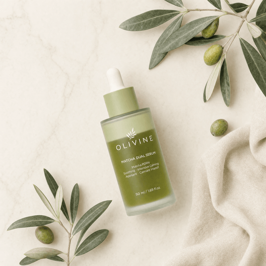 Olivine Matcha Dual PDRN Serum flat lay on a cream background