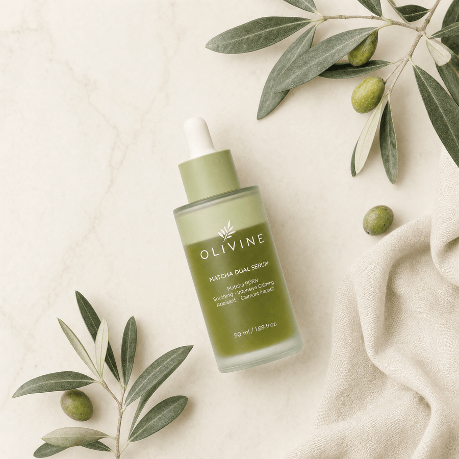 Olivine Matcha Dual PDRN Serum flat lay on a cream background
