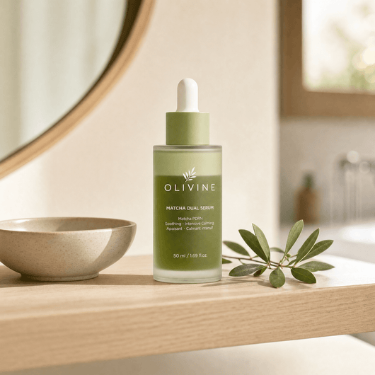 Olivine Matcha Dual PDRN Serum in a bright bathroom vanity setting