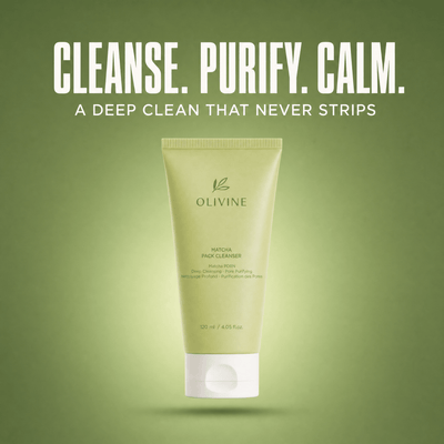 Olivine Matcha Pack Cleanser on a green gradient background