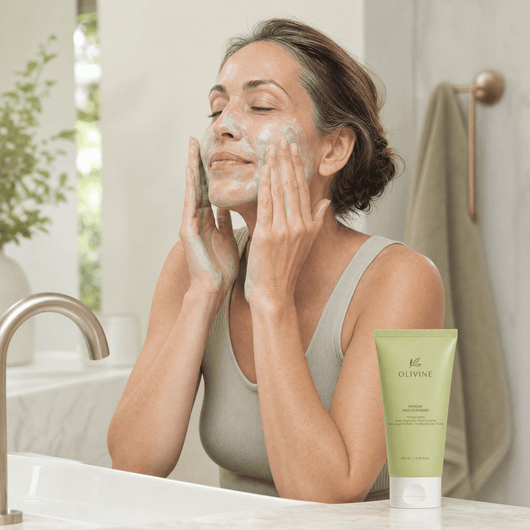 Olivine Matcha Pack Cleanser held by a woman with glowing skin