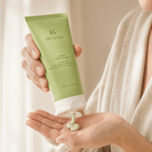 Olivine Matcha Pack Cleanser held in hand, close up