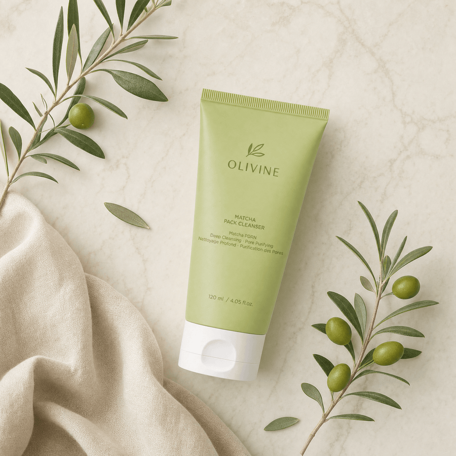 Olivine Matcha Pack Cleanser flat lay on a cream background