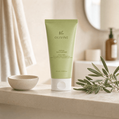 Olivine Matcha Pack Cleanser in a bright bathroom vanity setting