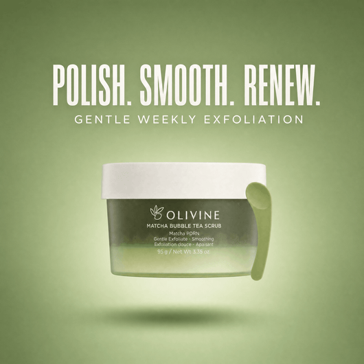 Olivine Matcha PDRN Bubble Tea Scrub on a green gradient background
