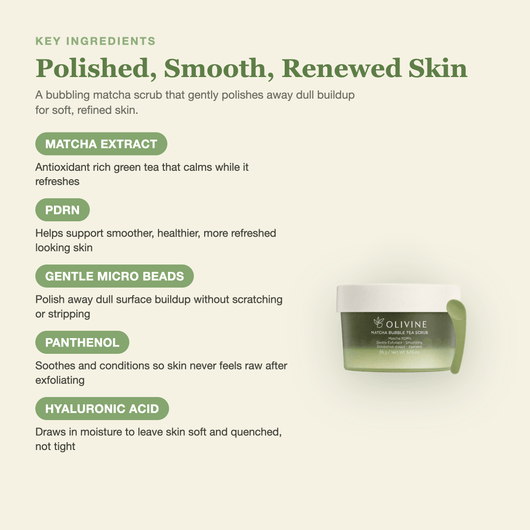 Olivine Matcha PDRN Bubble Tea Scrub key ingredients breakdown