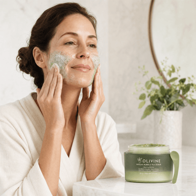 Olivine Matcha PDRN Bubble Tea Scrub held by a woman with glowing skin