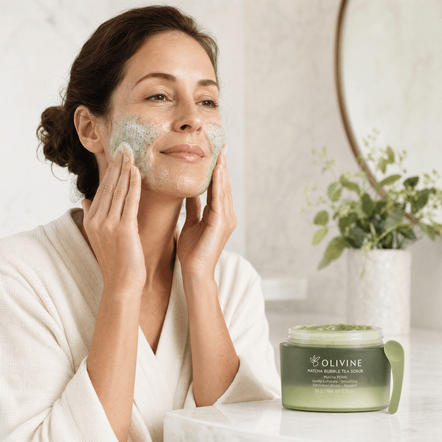Olivine Matcha PDRN Bubble Tea Scrub held by a woman with glowing skin