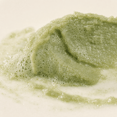 Olivine Matcha PDRN Bubble Tea Scrub macro close up of the texture