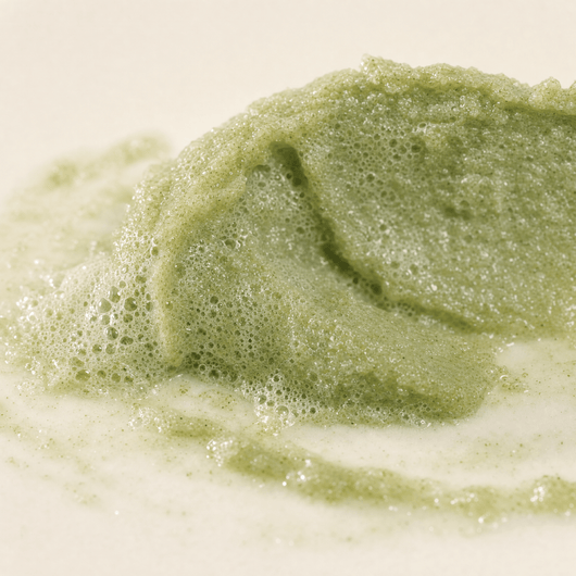 Olivine Matcha PDRN Bubble Tea Scrub macro close up of the texture