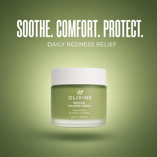 Olivine Matcha PDRN Calming Cream on a green gradient background