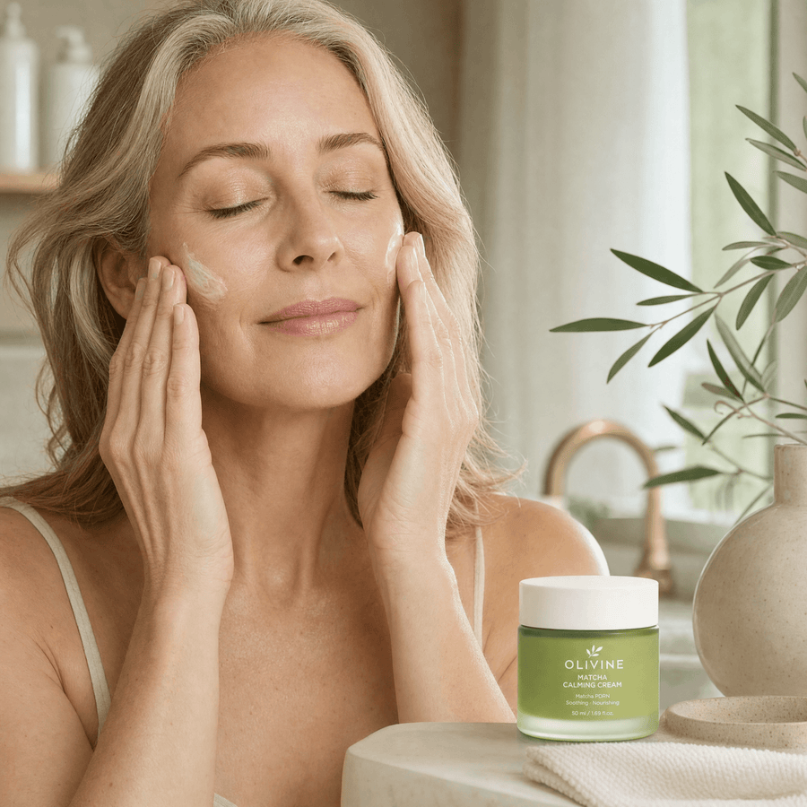 Olivine Matcha PDRN Calming Cream held by a woman with glowing skin