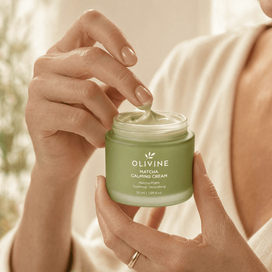 Olivine Matcha PDRN Calming Cream held in hand, close up