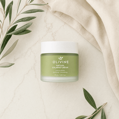 Olivine Matcha PDRN Calming Cream flat lay on a cream background