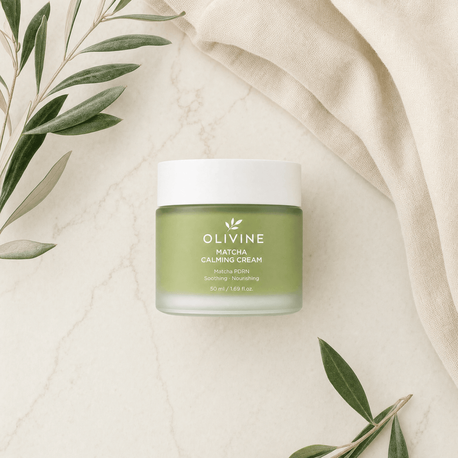 Olivine Matcha PDRN Calming Cream flat lay on a cream background