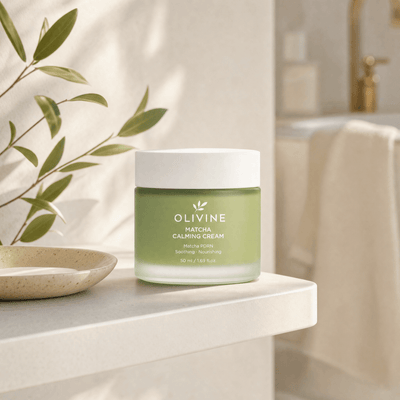 Olivine Matcha PDRN Calming Cream in a bright bathroom vanity setting
