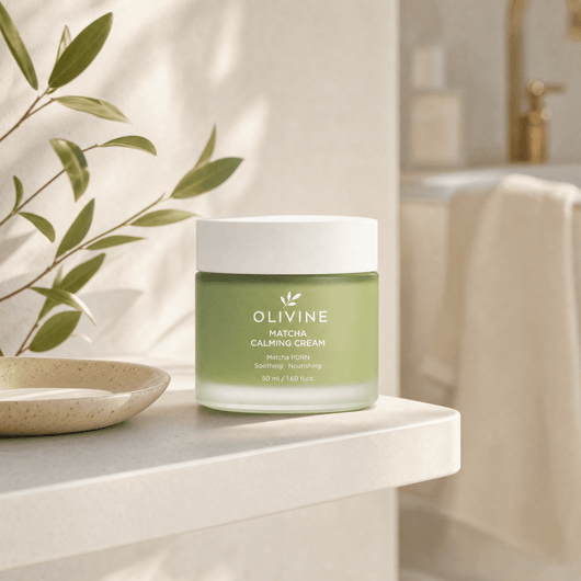 Olivine Matcha PDRN Calming Cream in a bright bathroom vanity setting