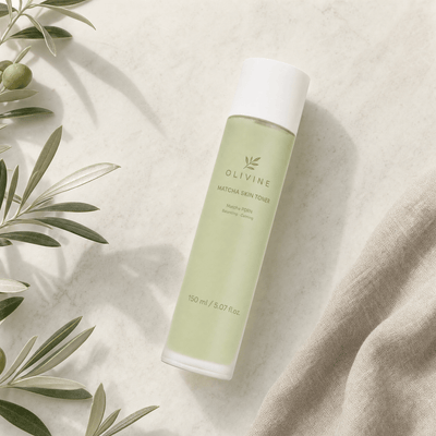 Olivine Matcha PDRN Skin Toner flat lay on a cream background
