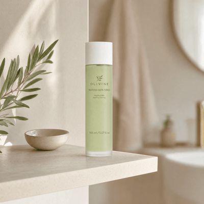 Olivine Matcha PDRN Skin Toner in a bright bathroom vanity setting