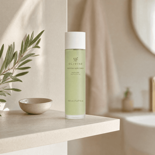 Olivine Matcha PDRN Skin Toner in a bright bathroom vanity setting