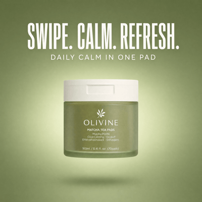 Olivine Matcha PDRN Tea Pad on a green gradient background