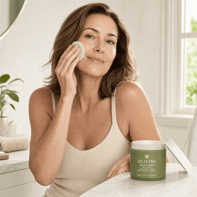 Olivine Matcha PDRN Tea Pad held by a woman with glowing skin