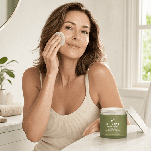Olivine Matcha PDRN Tea Pad held by a woman with glowing skin