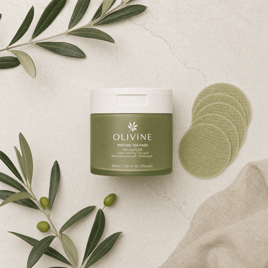 Olivine Matcha PDRN Tea Pad flat lay on a cream background