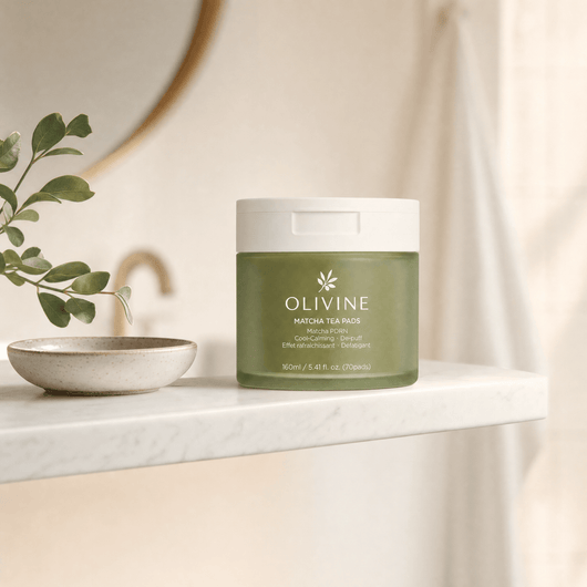 Olivine Matcha PDRN Tea Pad in a bright bathroom vanity setting