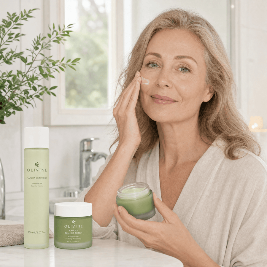 Olivine Matcha Toner and Cream Duo held by a woman with glowing skin