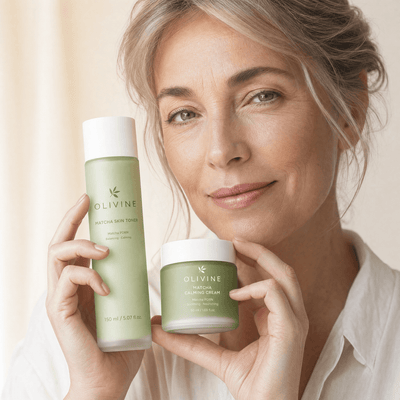 Olivine Matcha Toner and Cream Duo held in hand, close up